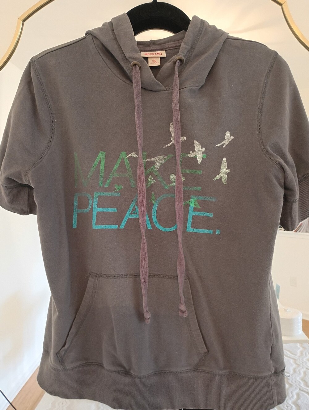 MAKE PEACE Gray Short-Sleeve Hoodie with Teal Print